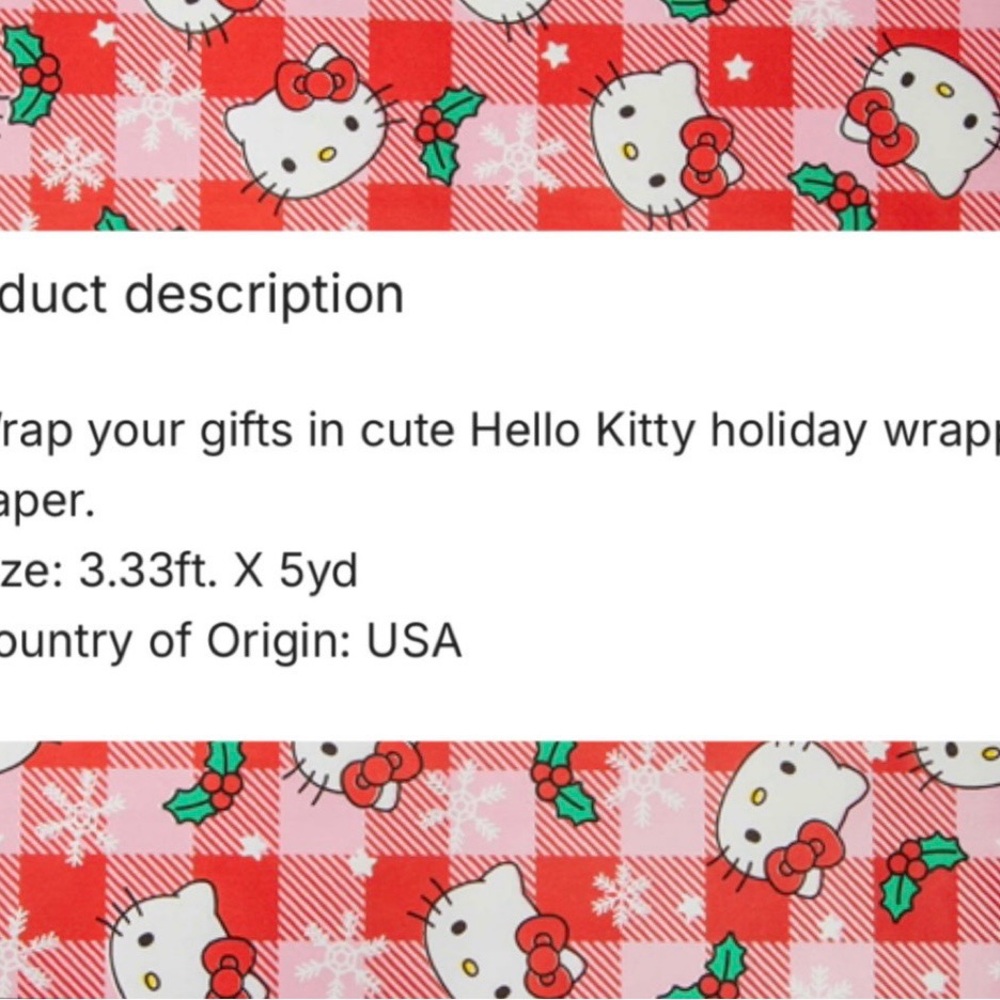 Hello Kitty Christmas Gift wrapping paper Plaid print NWT 50 sq ft - Picture 5 of 5